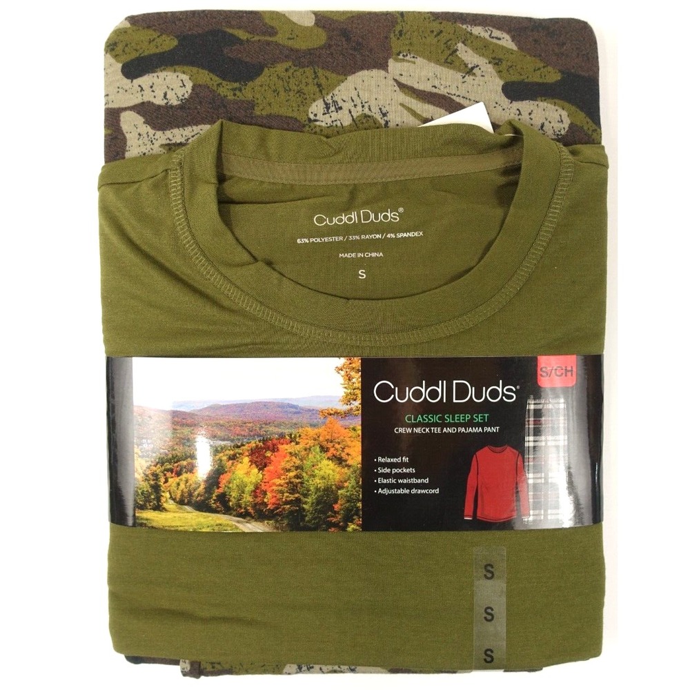 Cuddl Duds Pajama Set Men Small Relaxed Fit Pockets Tee Pants Camouflage NWT